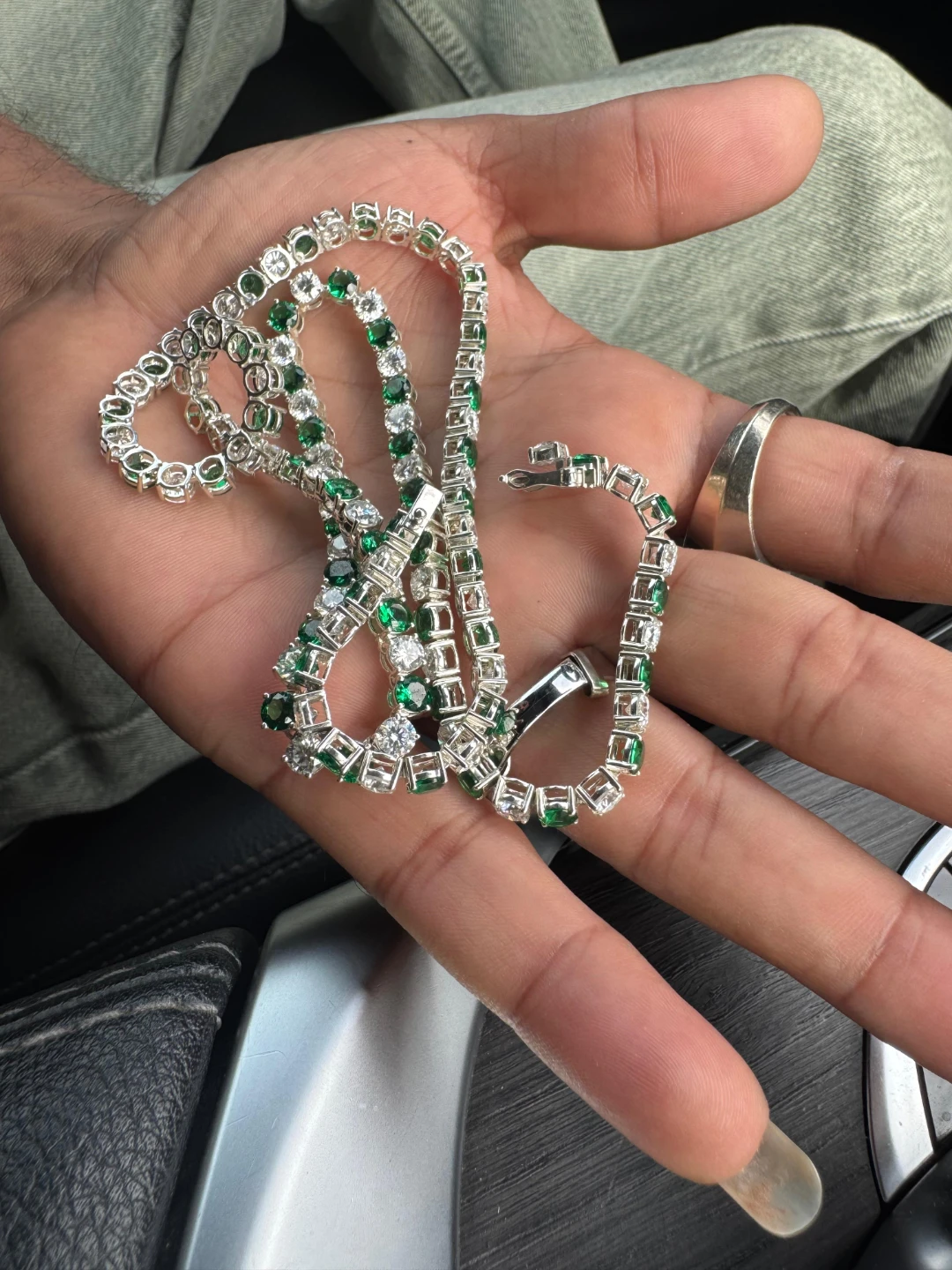 Tennis Bracelet with Green Stones and Diamonds