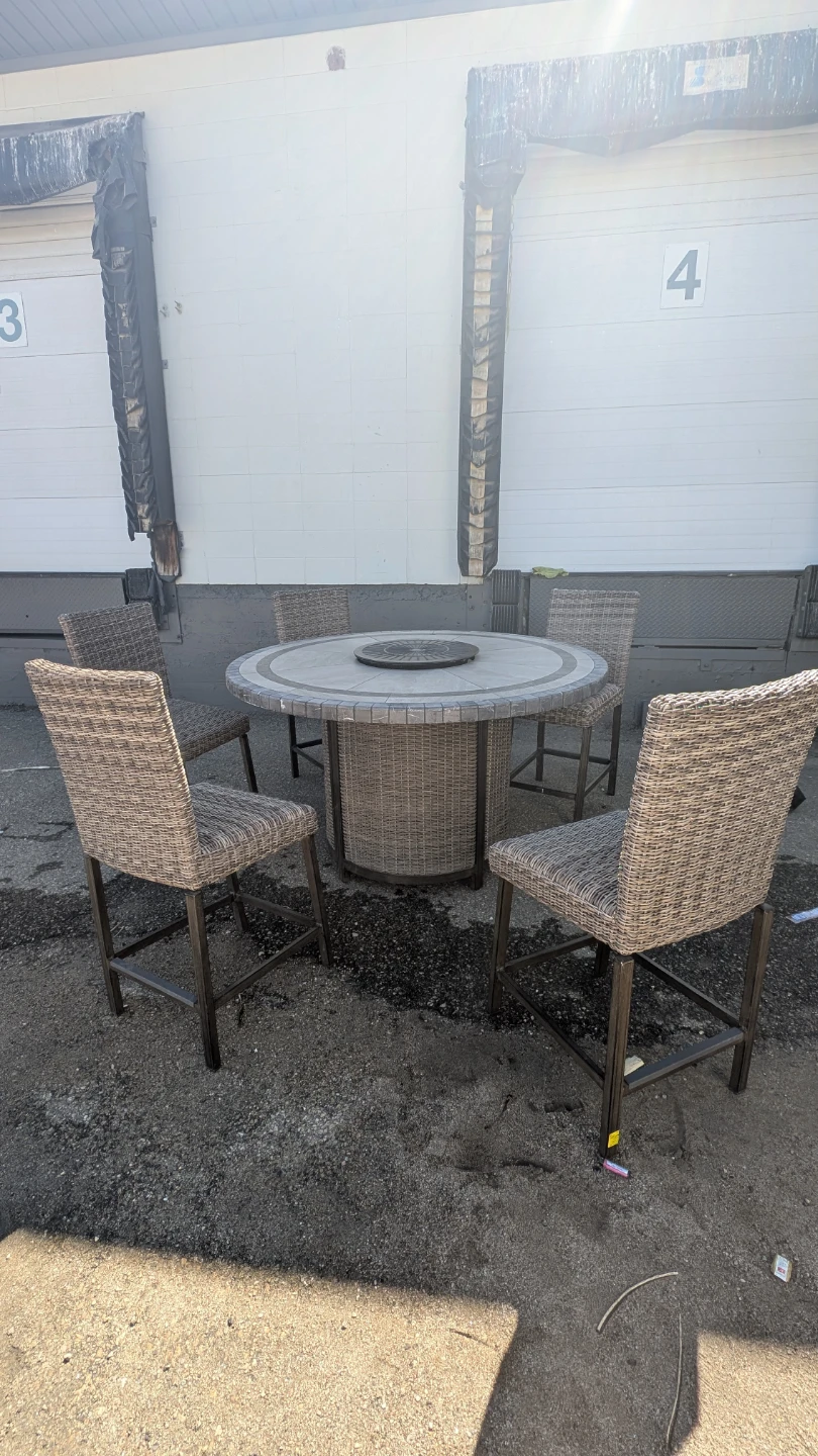 Round Wicker Patio Bar Table with Fire Pit