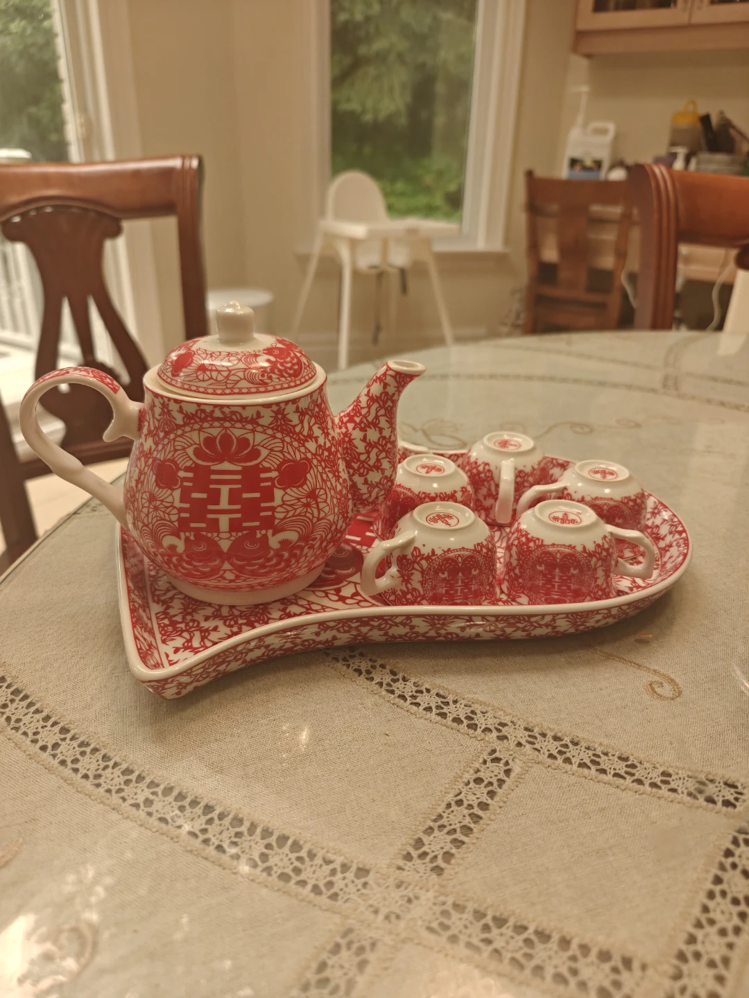 Chinese Red and White Tea Set with Tray