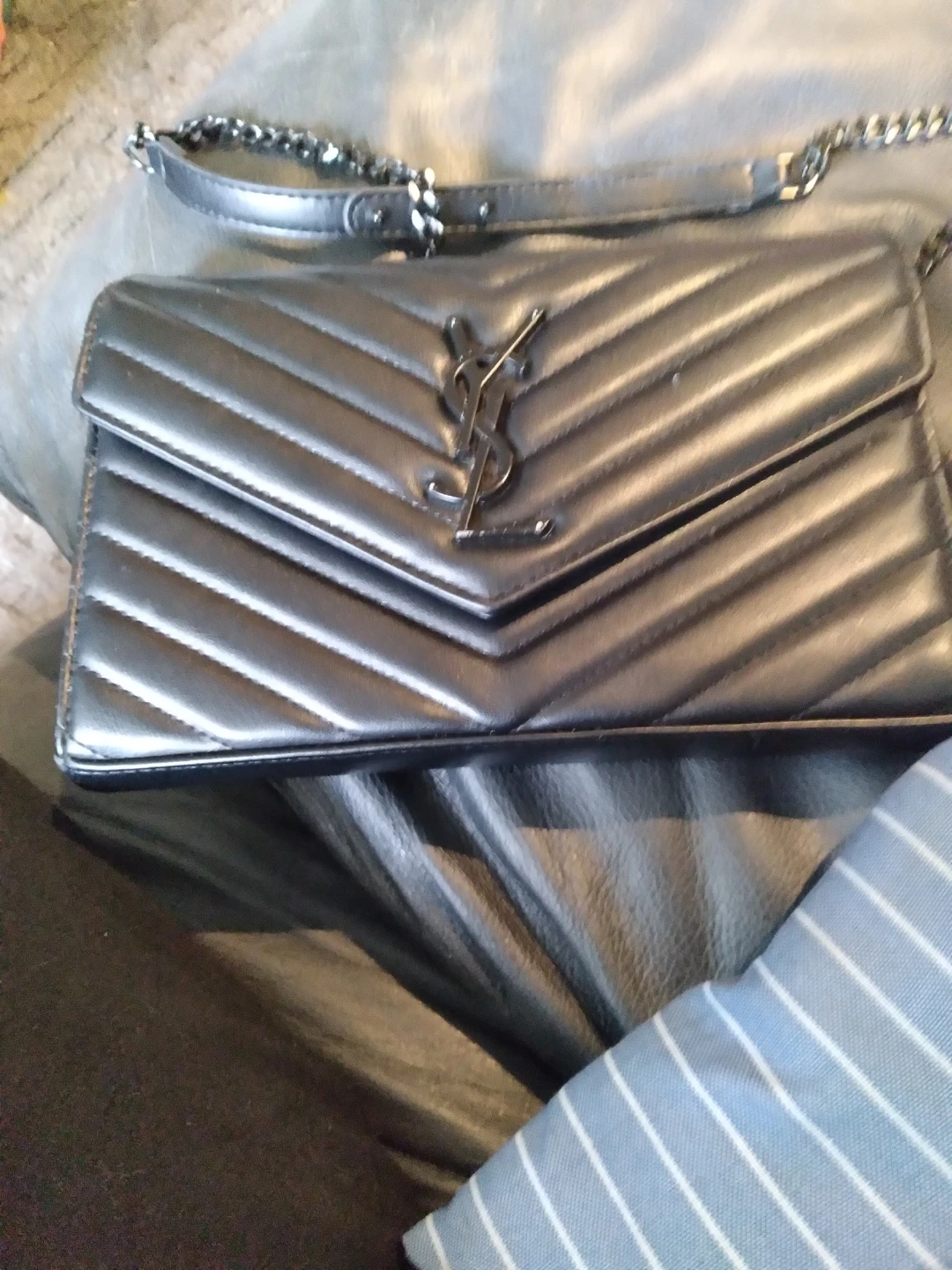 Saint Laurent Black Chevron Leather Wallet on Chain