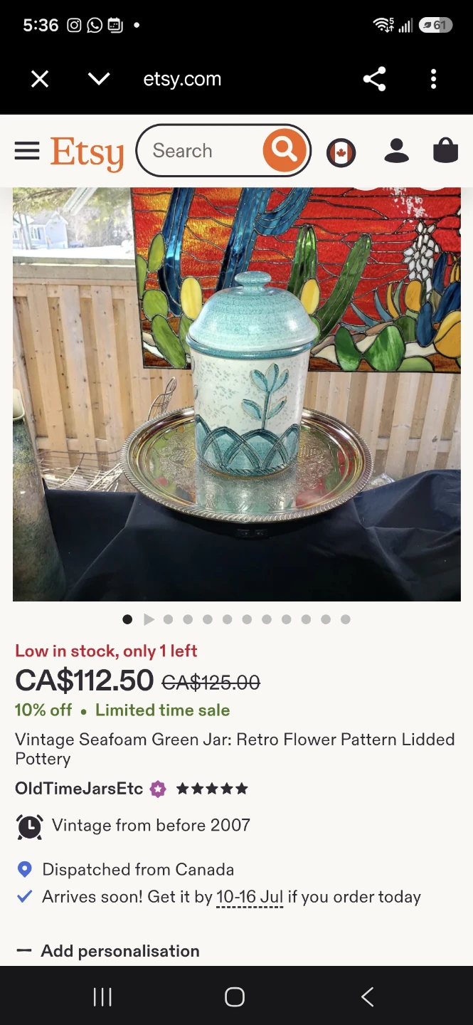 Vintage Seafoam Green Jar Retro Flower Pattern Lidded Pottery - photo 5