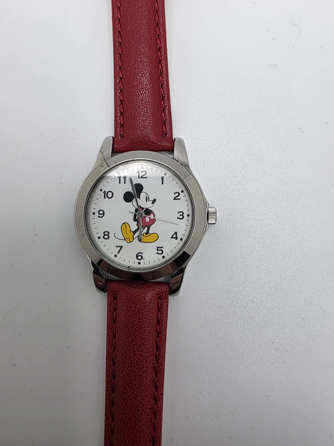 Disney Mickey Mouse Watch Red Leather Band Silver Tone Quartz