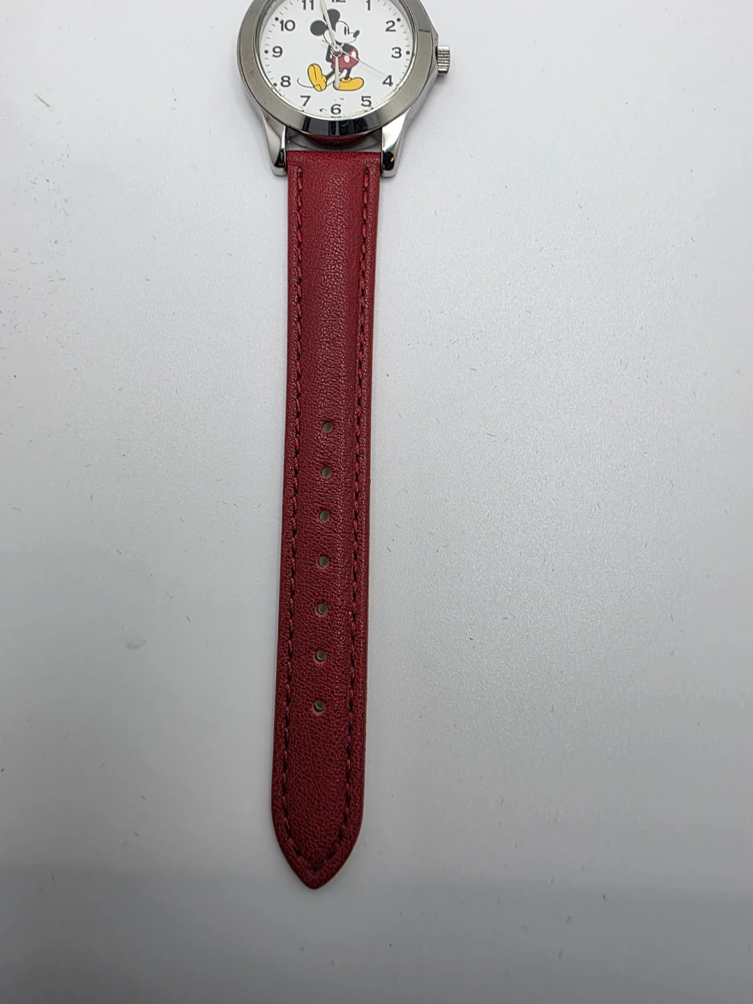 Disney Mickey Mouse Watch Red Leather Band Silver Tone Quartz - photo 2