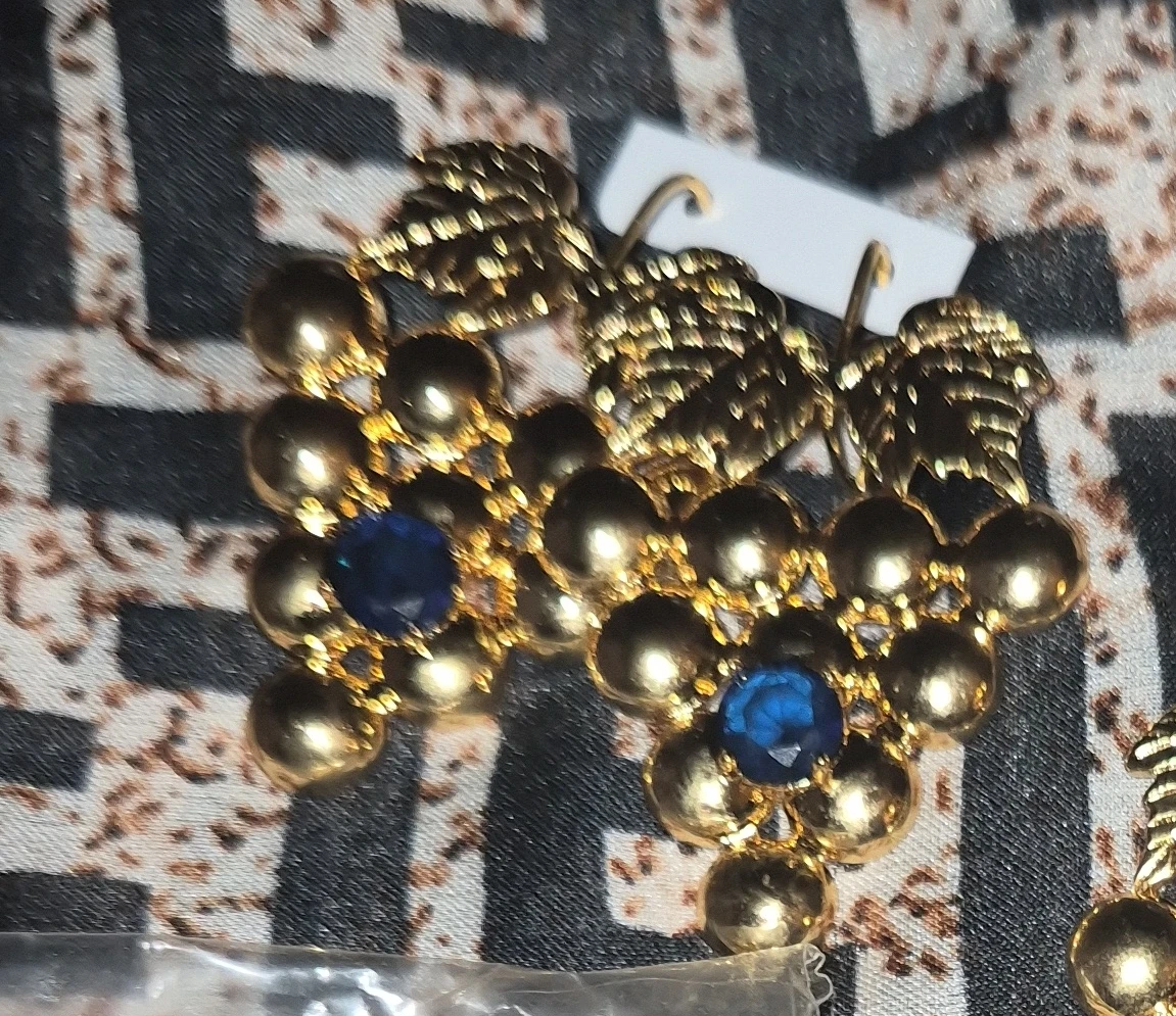 Gold Tone Grape Cluster Brooch with Blue Gemstones