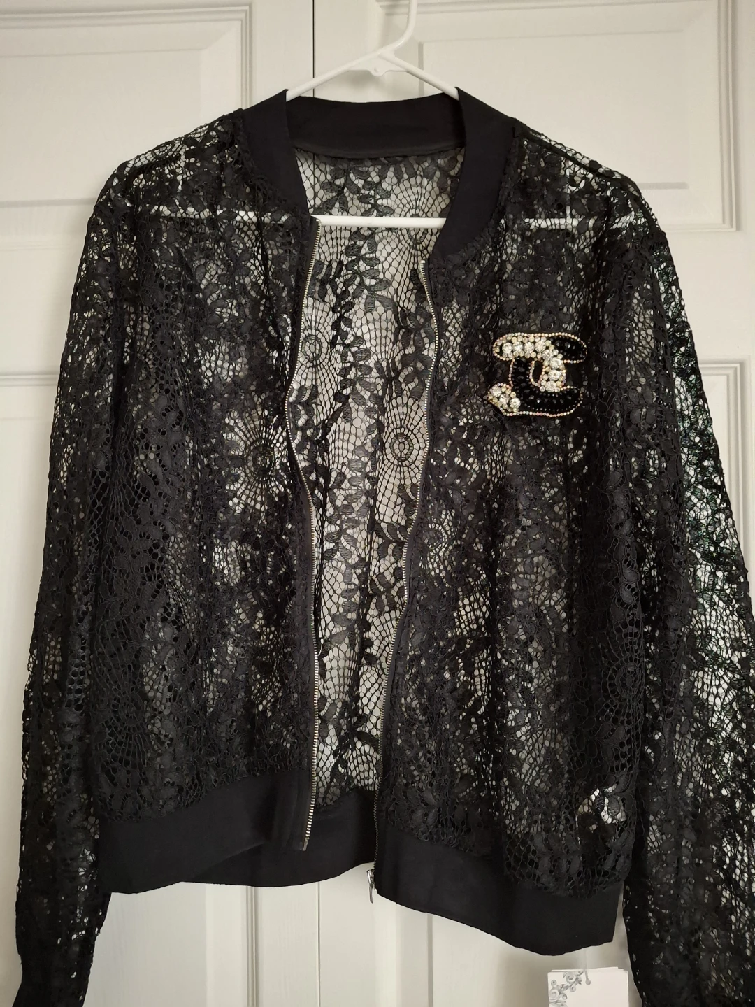 Black Lace Bomber Jacket with Rhinestone Detail - photo 2