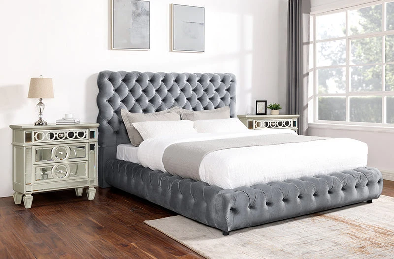 Grey Velvet Tufted Platform Bed Frame