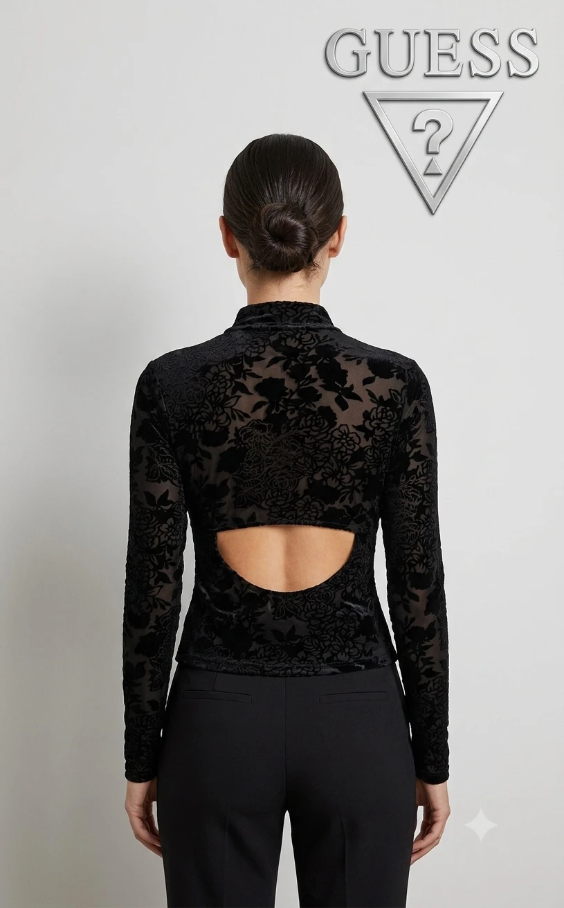 Guess Black Velvet Floral Cut-Out Mock Neck Top