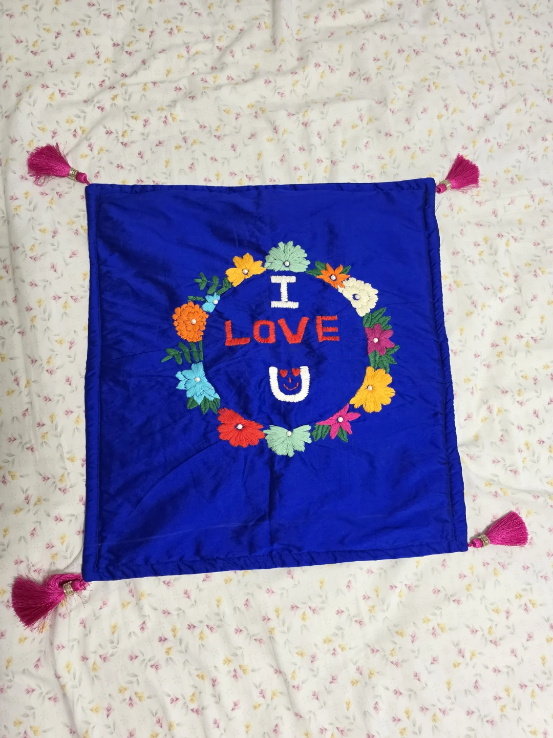 Blue "I Love U" Hand-Embroidered Cushion Cover w/ Tassels