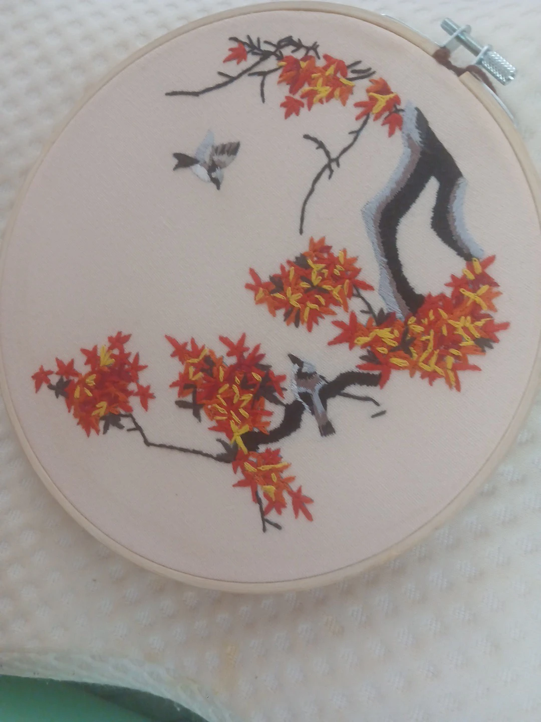 Embroidery Hoop Art with Birds and Maple Leaves