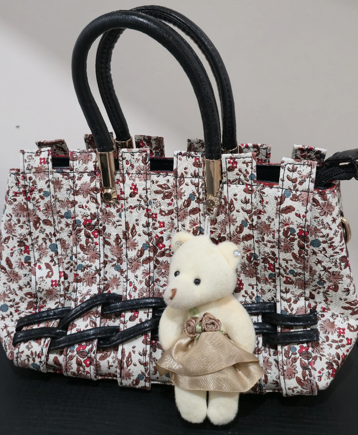 2 Floral Print Handbags with Faux Leather Accents