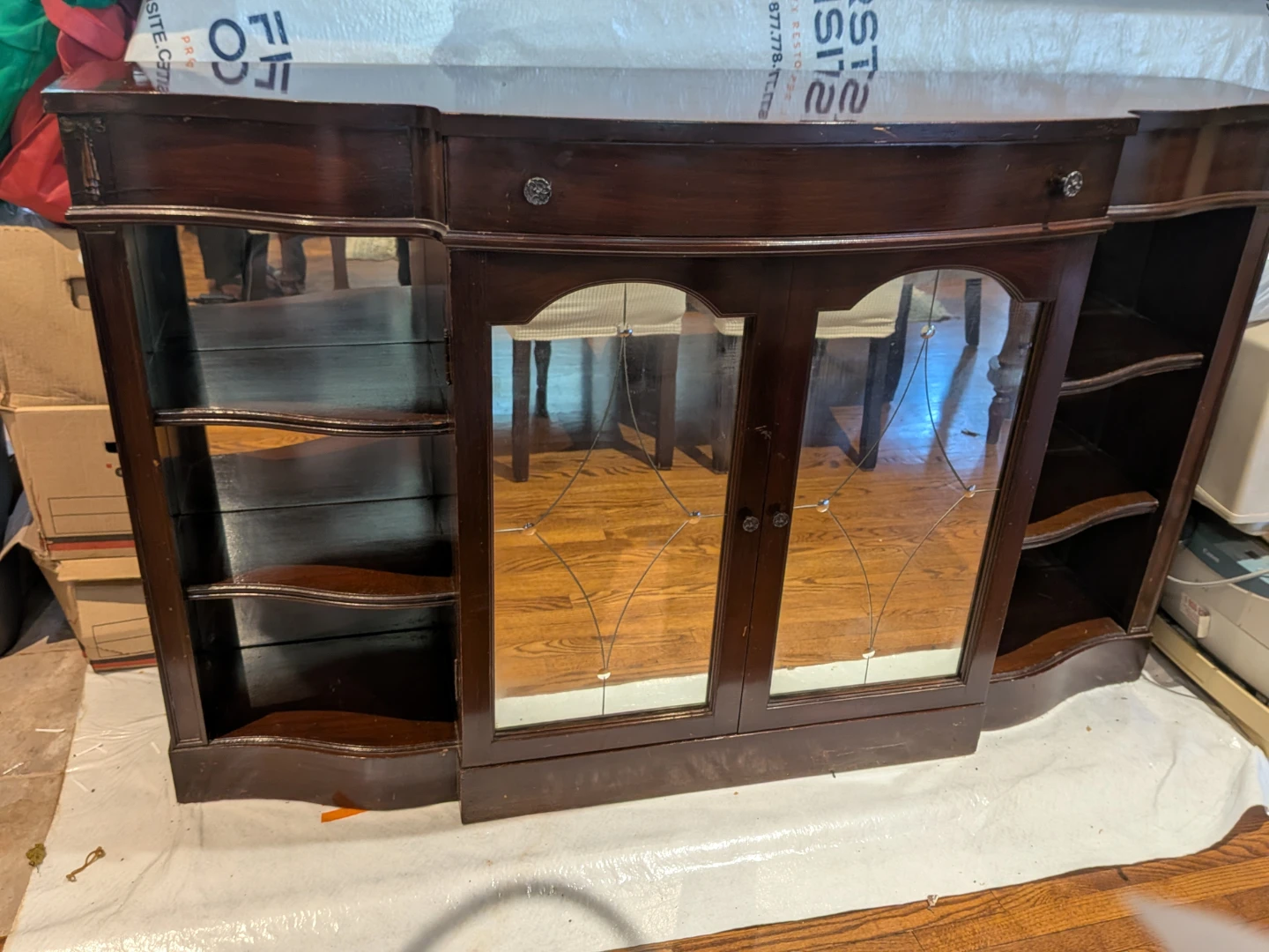 Vintage Dark Wood Buffet with Mirrored Cabinet Doors