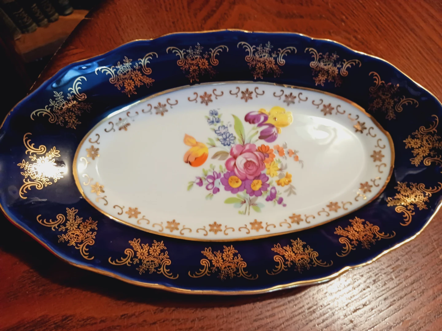 Gorgeous Czechoslovakian Cobalt Porcelain Floral Serving Dish - photo 4