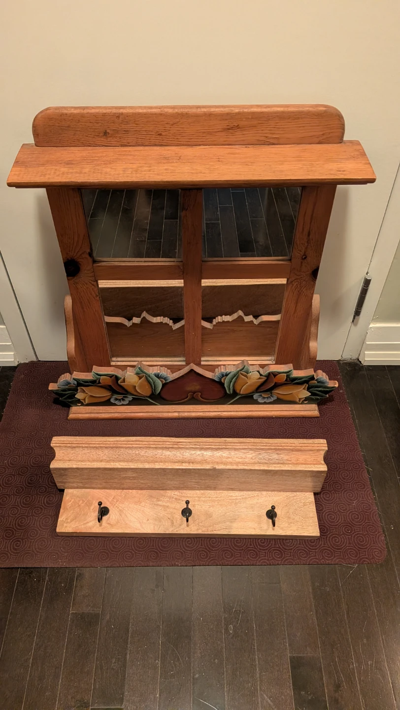 Wooden Hanging Mirror/Shelf and Coat Hooks