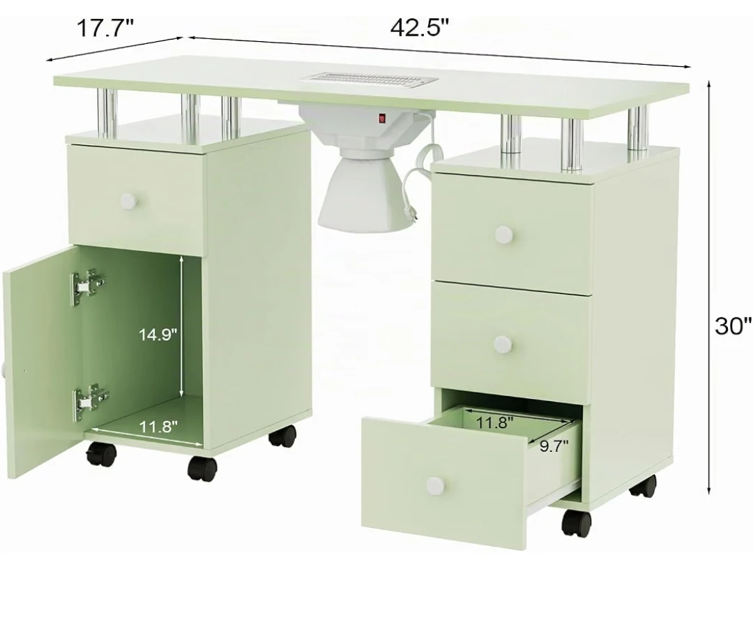 Light Green Nail Tech Manicure Table with Dust Collector