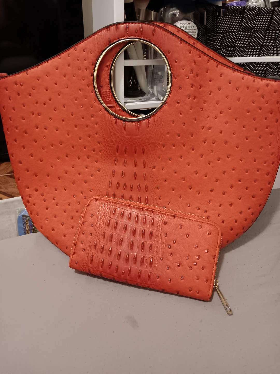 Orange Ostrich Embossed Handbag and Wallet Set