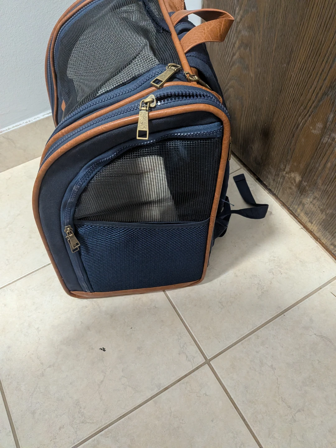 Navy Blue Pet Carrier Backpack with Brown Accents - photo 2