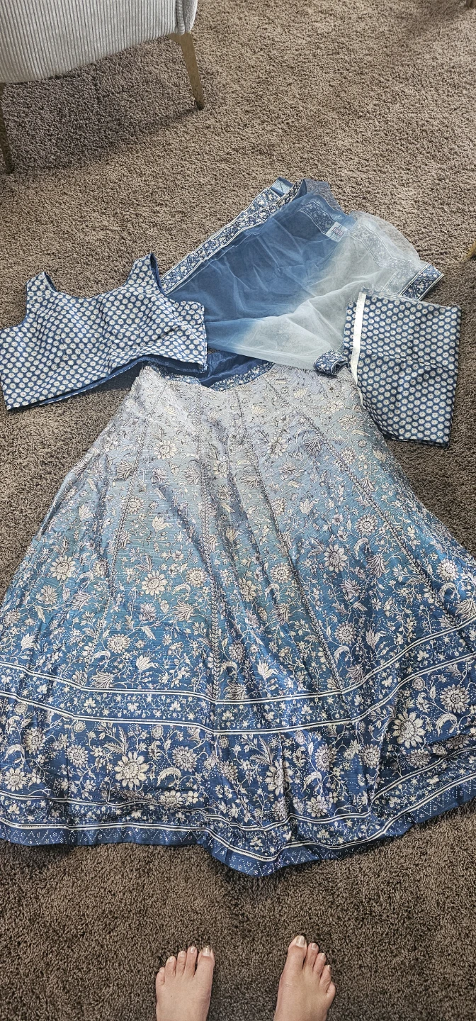 Blue Floral Print Lehenga Choli Set with Dupatta