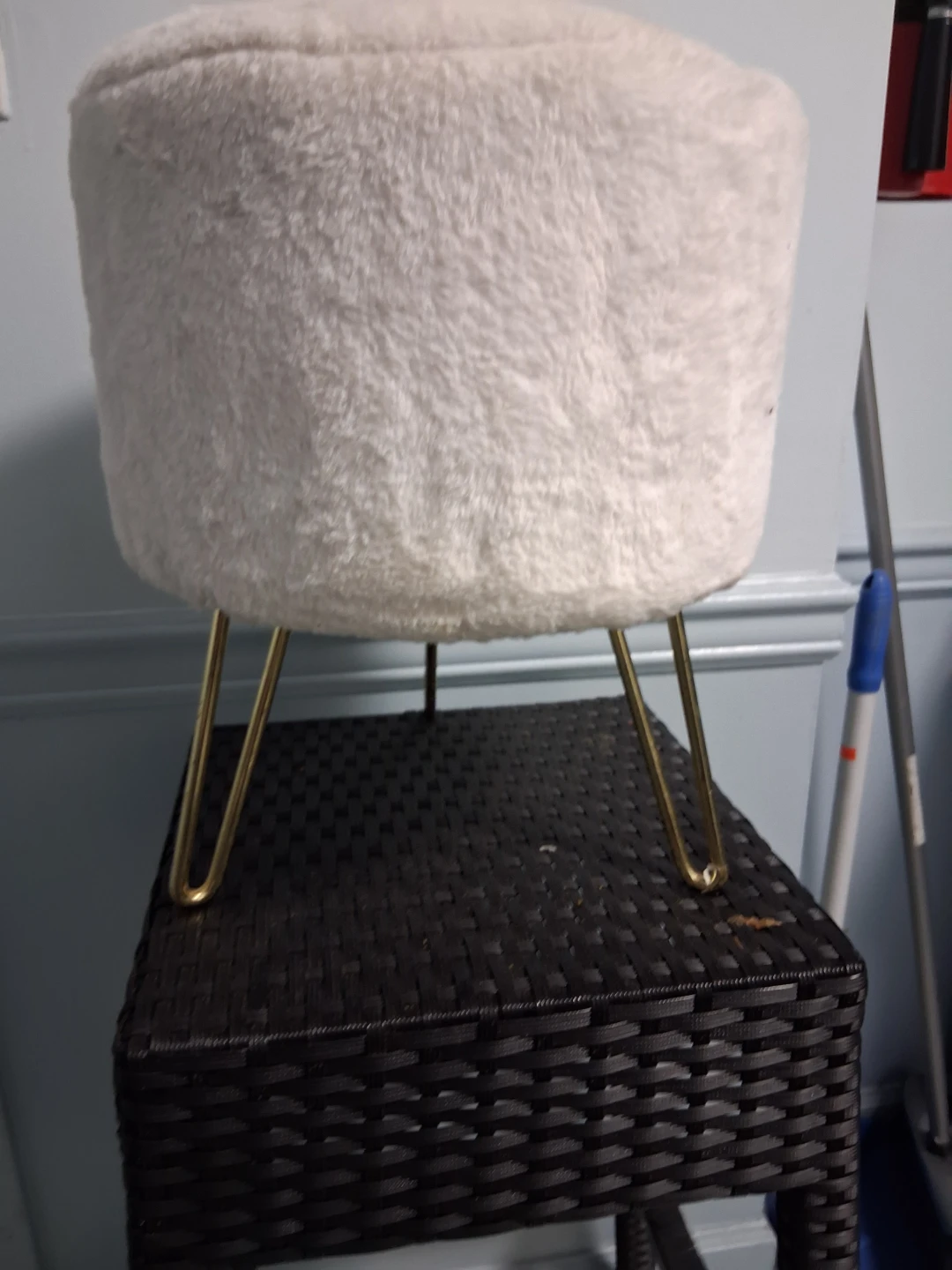 White Fluffy Ottoman Stool with Gold Legs