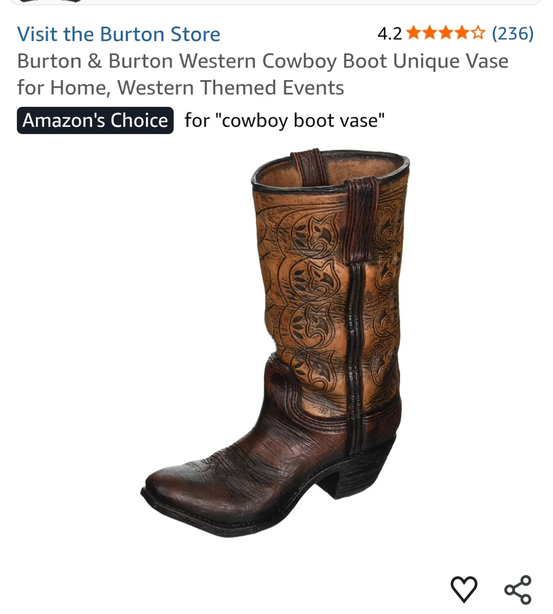 Cowboy Boot Vase. 9" high