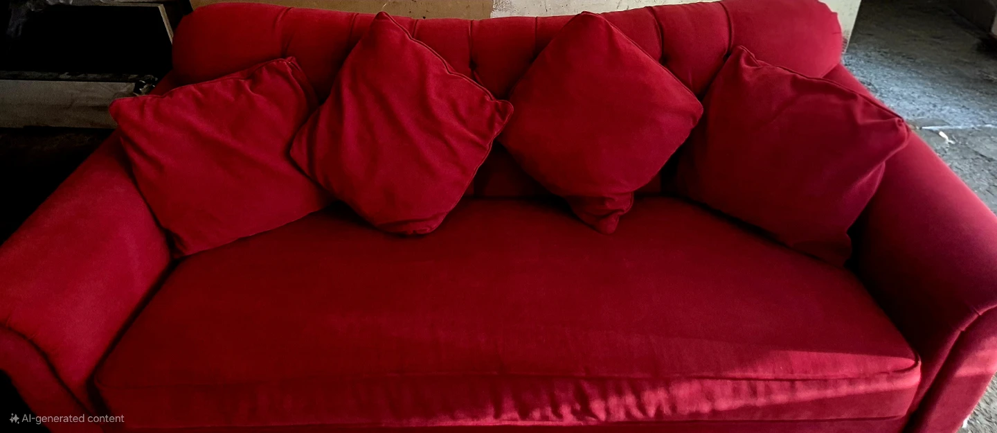 Red Tufted Sofa with Pillows - photo 2