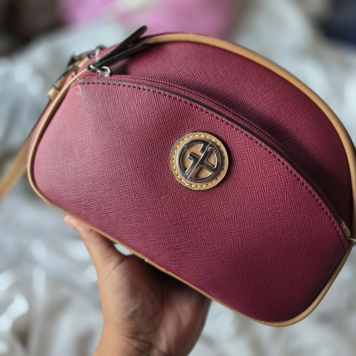 Tan & Burgundy Faux Leather Dome Bag