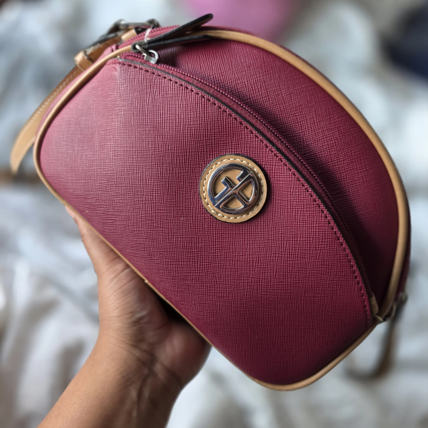Tan & Burgundy Faux Leather Dome Bag - photo 2