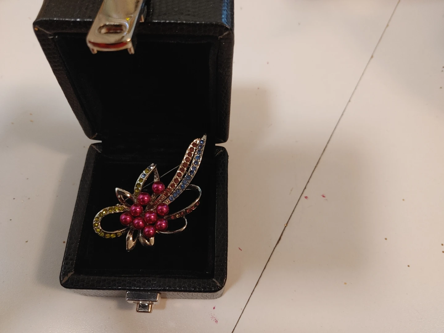 Sparkly Brooch with Red Pearls and Rhinestones
