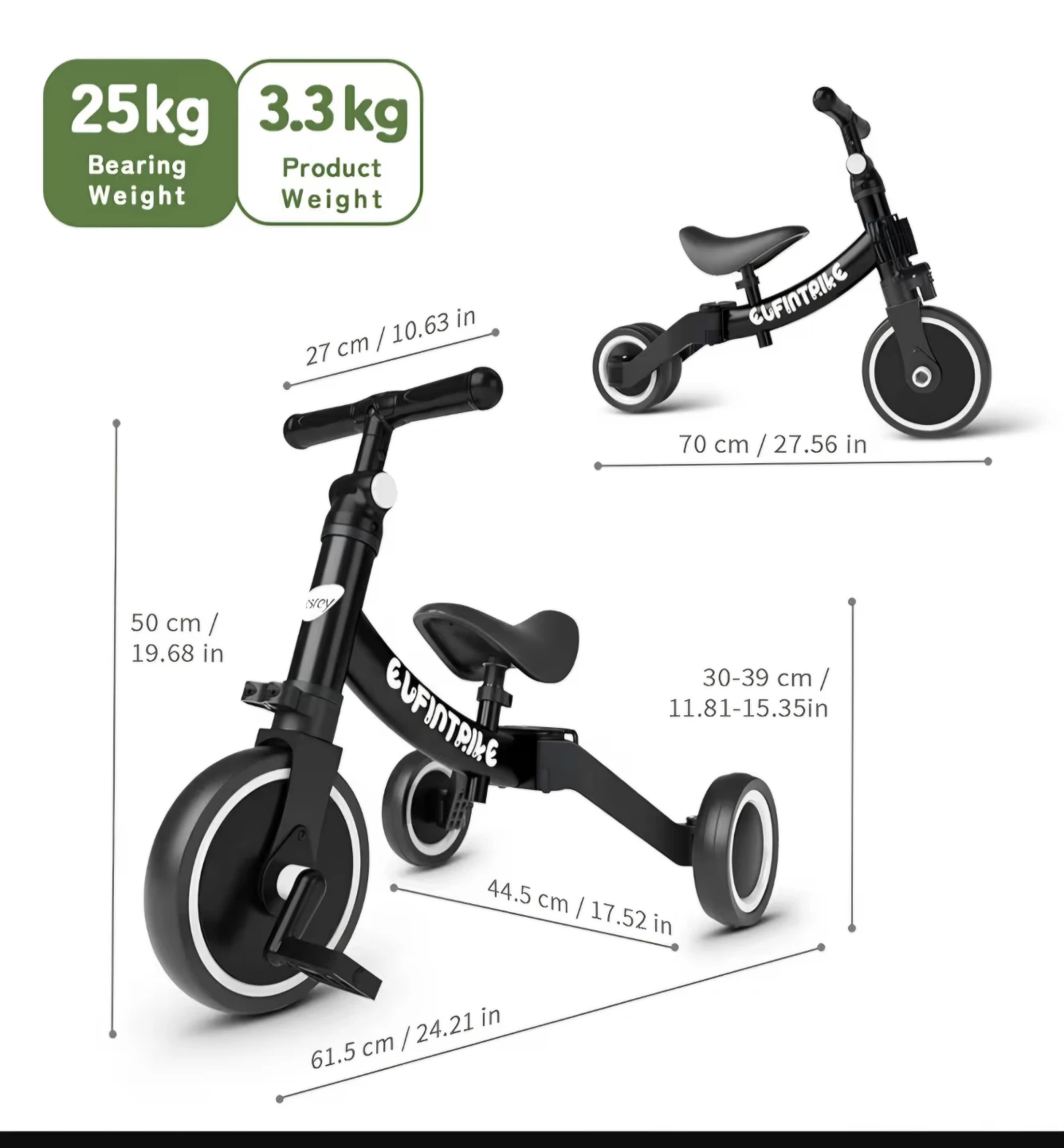 Besrey Black EUFINTRIKE 3-in-1 Tricycle/Balance Bike - photo 3
