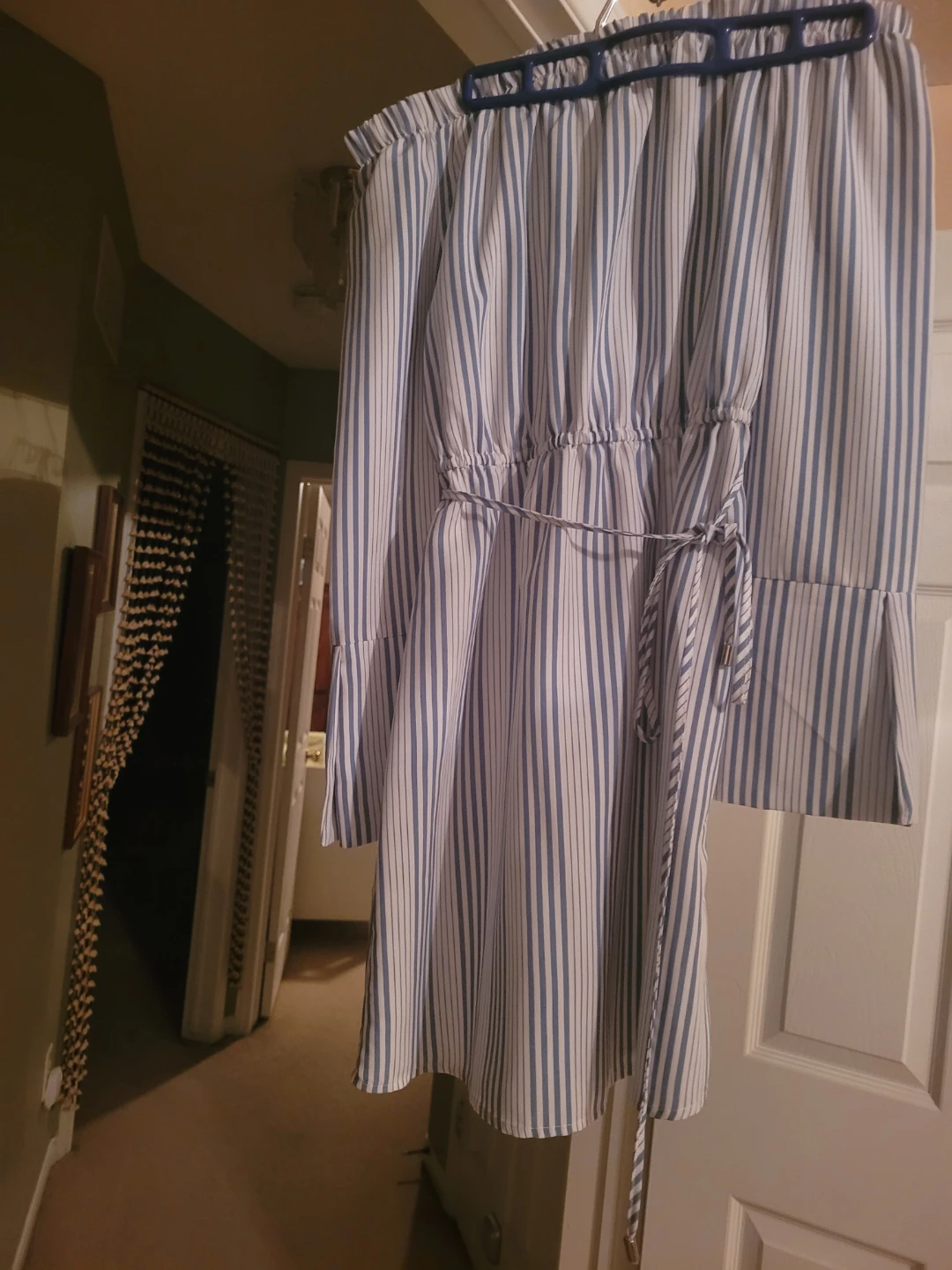 Blue and White Striped Off-the-Shoulder Dress