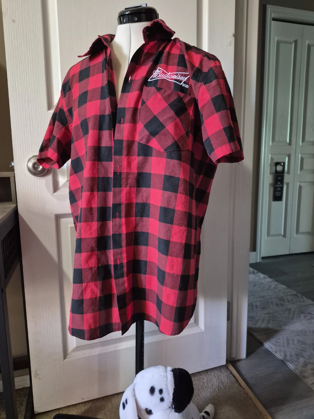 Budweiser Red & Black Plaid Short Sleeve Button-Up Shirt