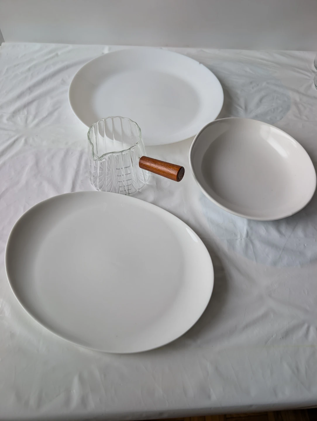 Set of 3 White Serving Platters and Glass Pitcher