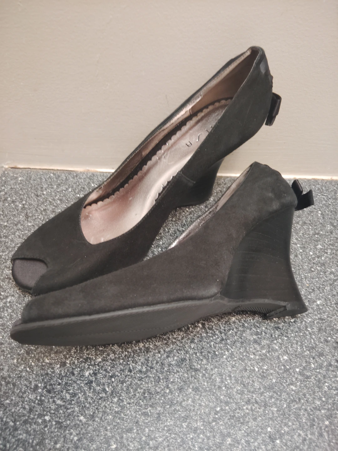Unisa Black Peep Toe Wedge Heels with Bow Detail