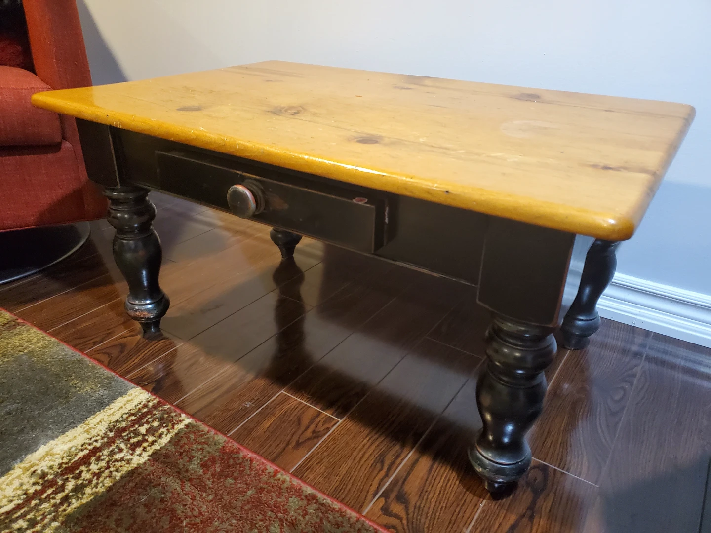 Vintage pine Wooden Coffee Table with Drawer - photo 2
