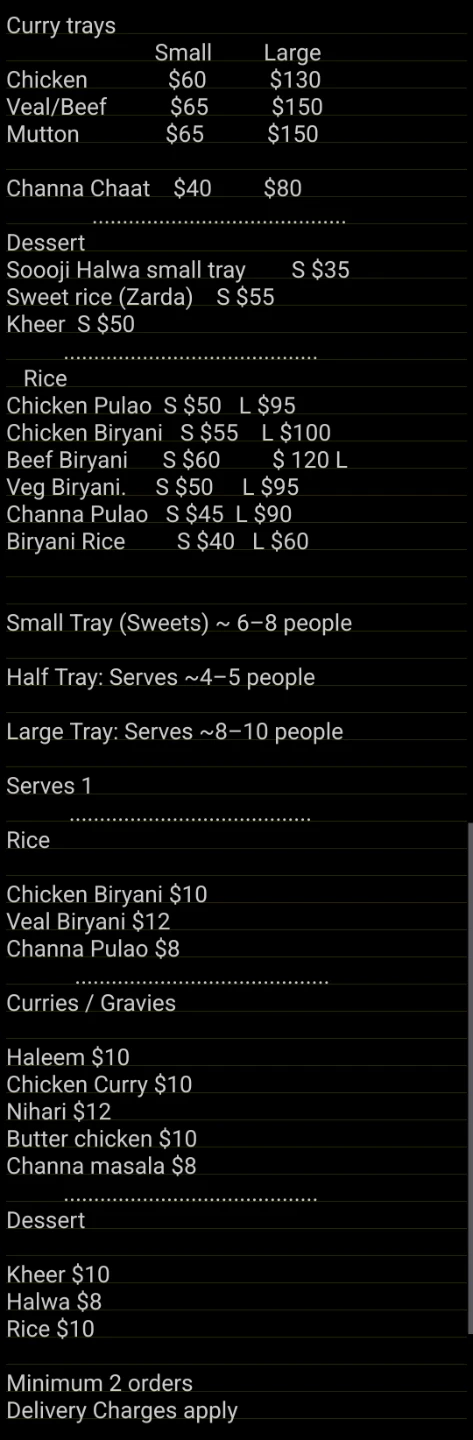 Food Menu - Curries, Biryanis, Desserts & More