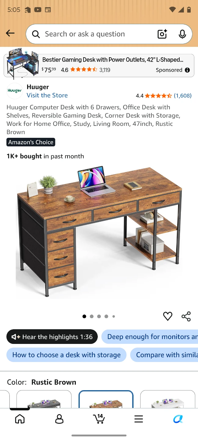 Huuger Computer Desk with 6 Drawers - Rustic Brown