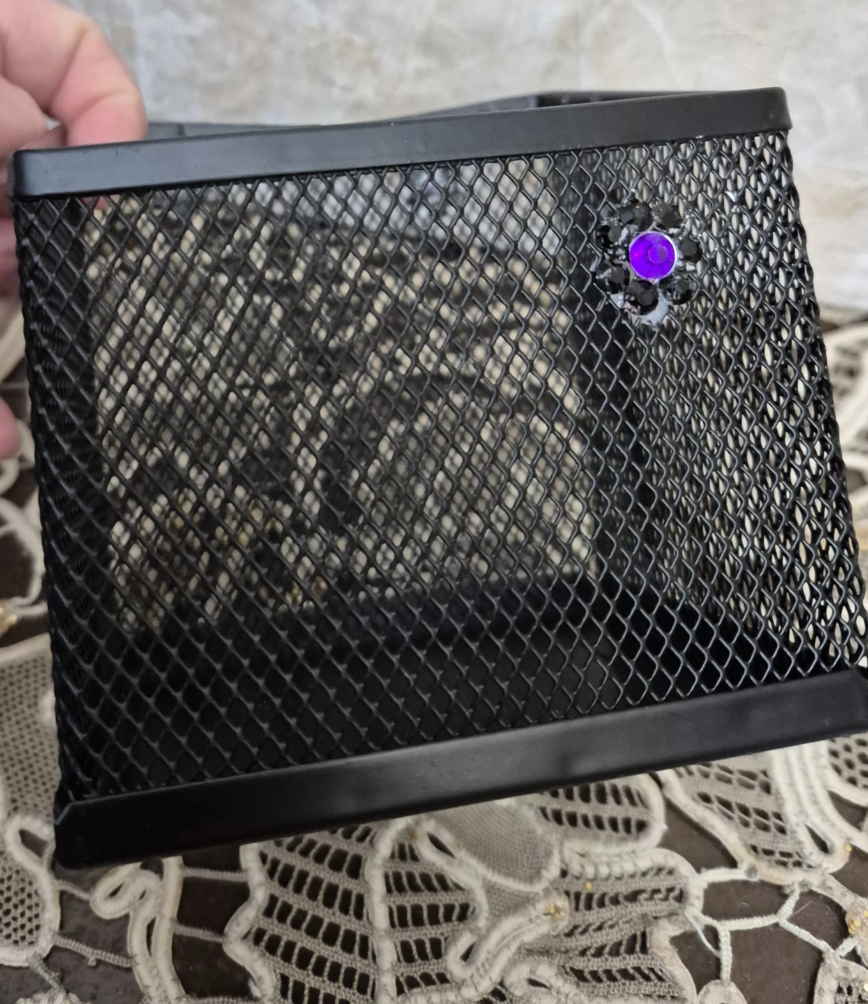 Black Mesh Desk Organizer with Rhinestone Flower Accents - photo 4