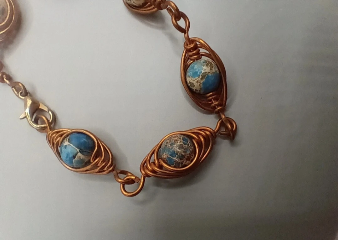 Copper Wire Wrapped blue sea sediment gemstone Bracelet - photo 3
