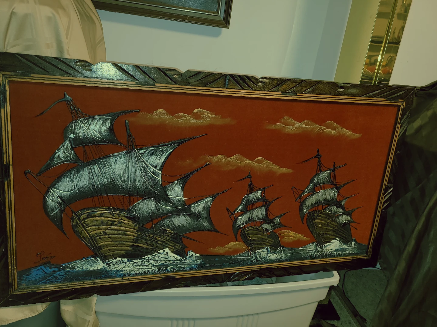 Framed Velour Painting of Sailing Ships - photo 2
