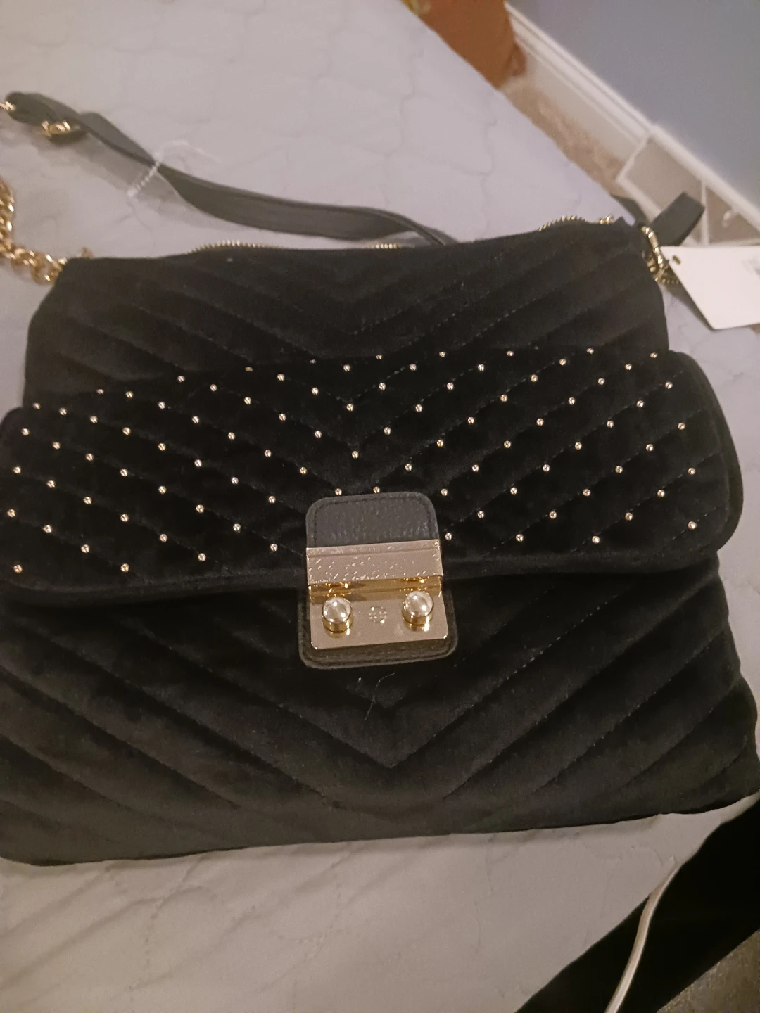 Black Velvet Quilted Studded Crossbody Bag
