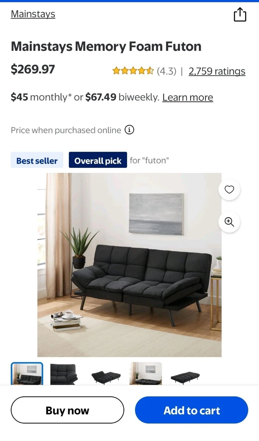 Mainstays Memory Foam Futon (Sofa + Bed)