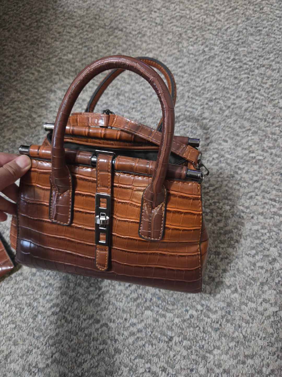 Brown Faux Croc Handbag with Matching Wallet - photo 4
