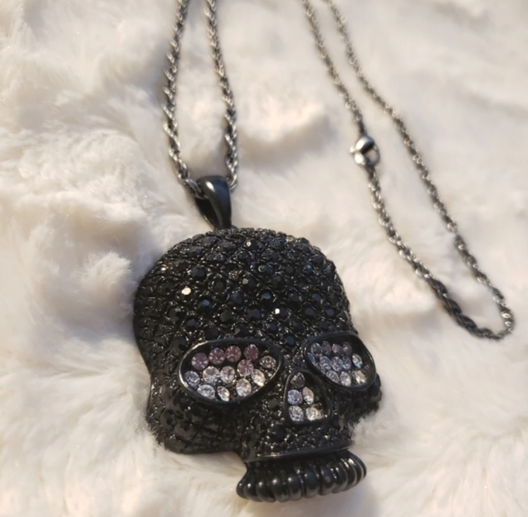 Black Skull Pendant Necklace with Rhinestones - photo 2