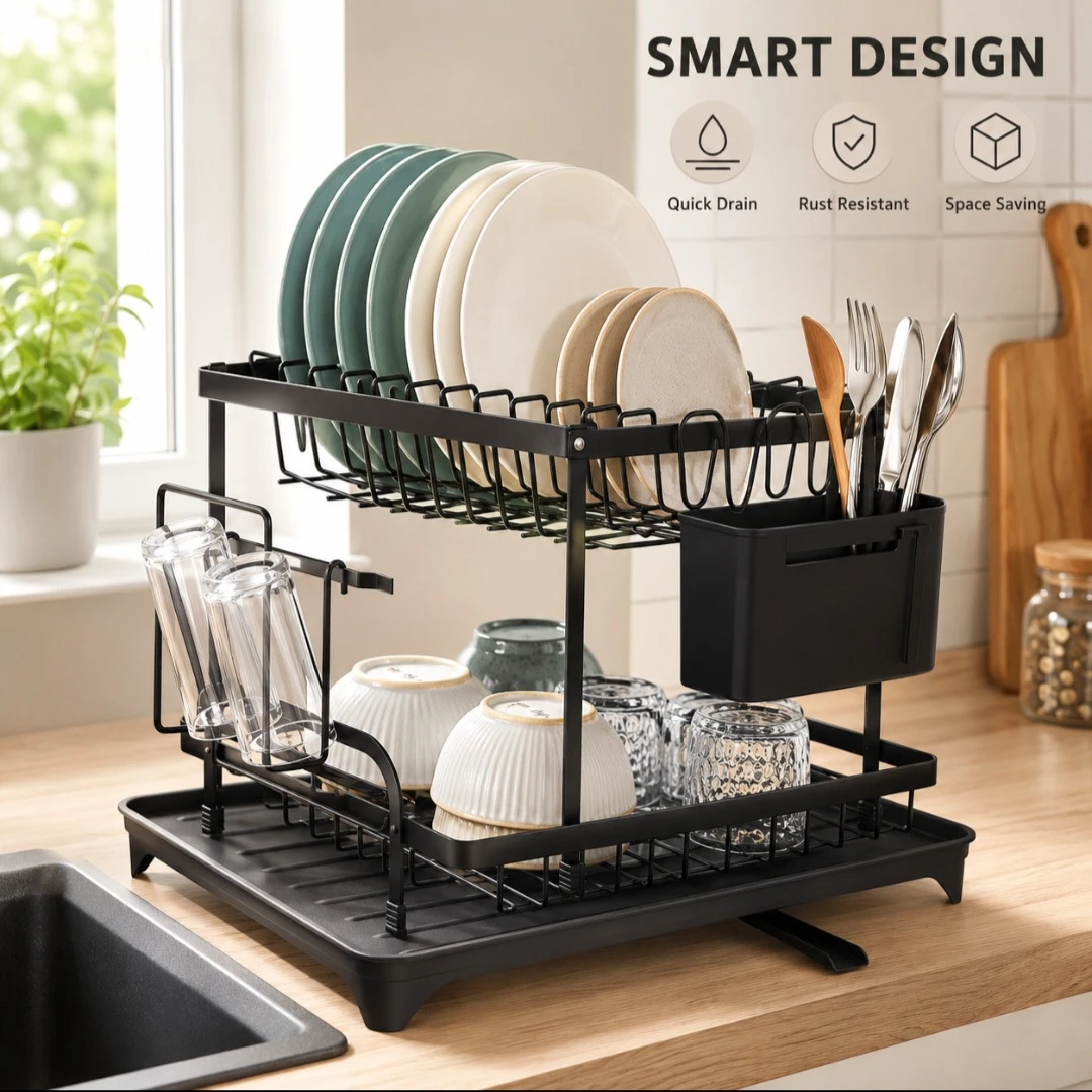 2-Tier Dish Drying Rack with Utensil Holder