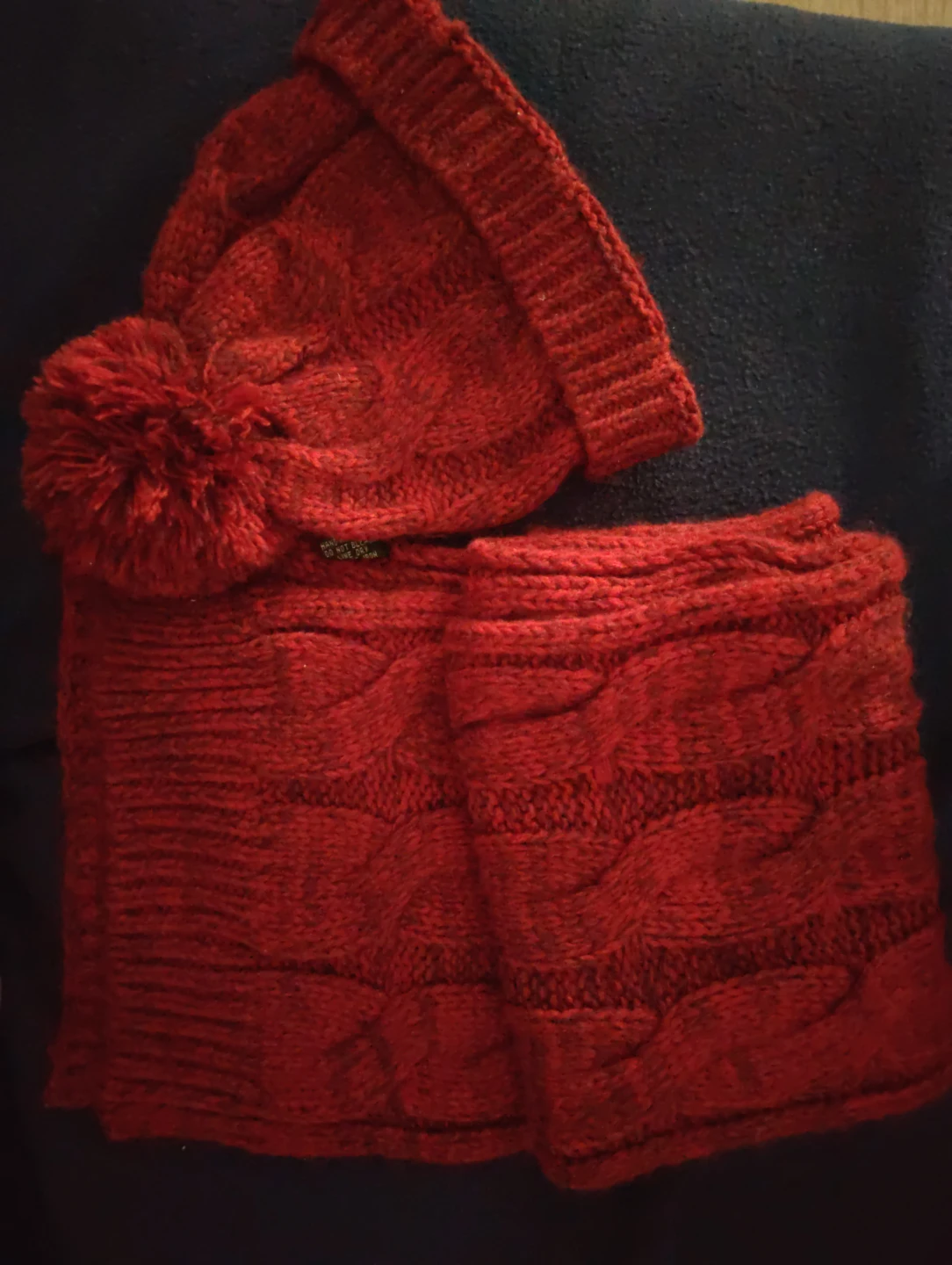 Dark Red Knit Pom-Pom Beanie and Scarf Set
