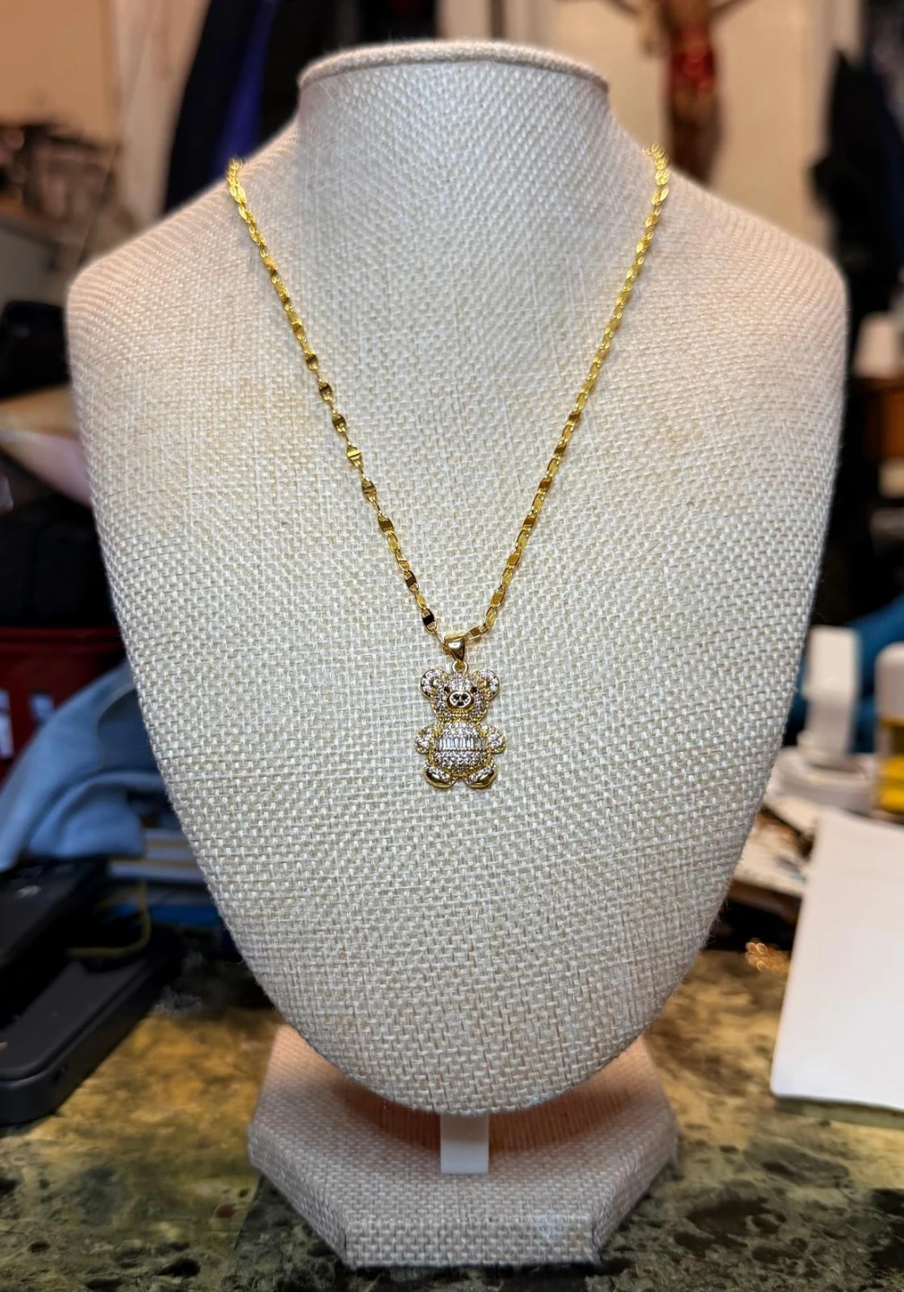 18k Gold Laminated Teddy Bear Necklace with Diamonds
