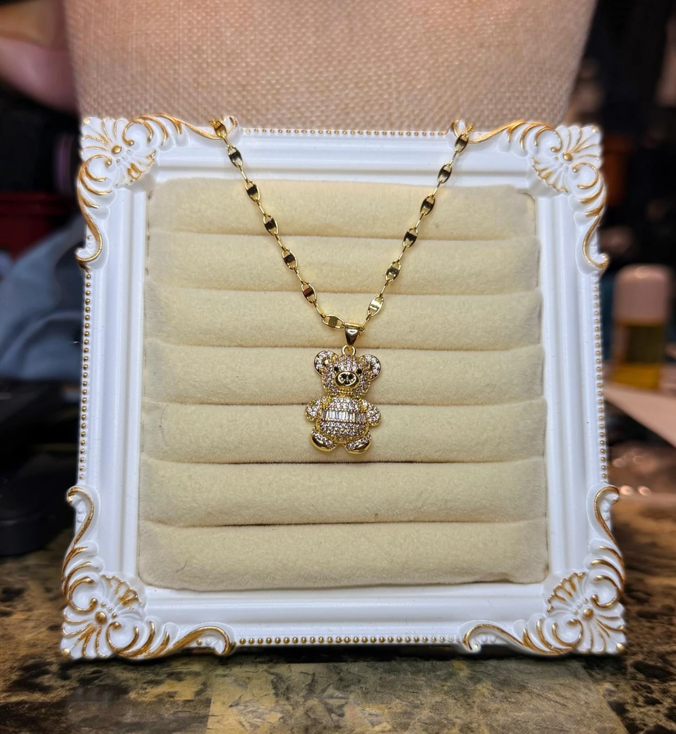 18k Gold Laminated Teddy Bear Necklace with Diamonds - photo 2