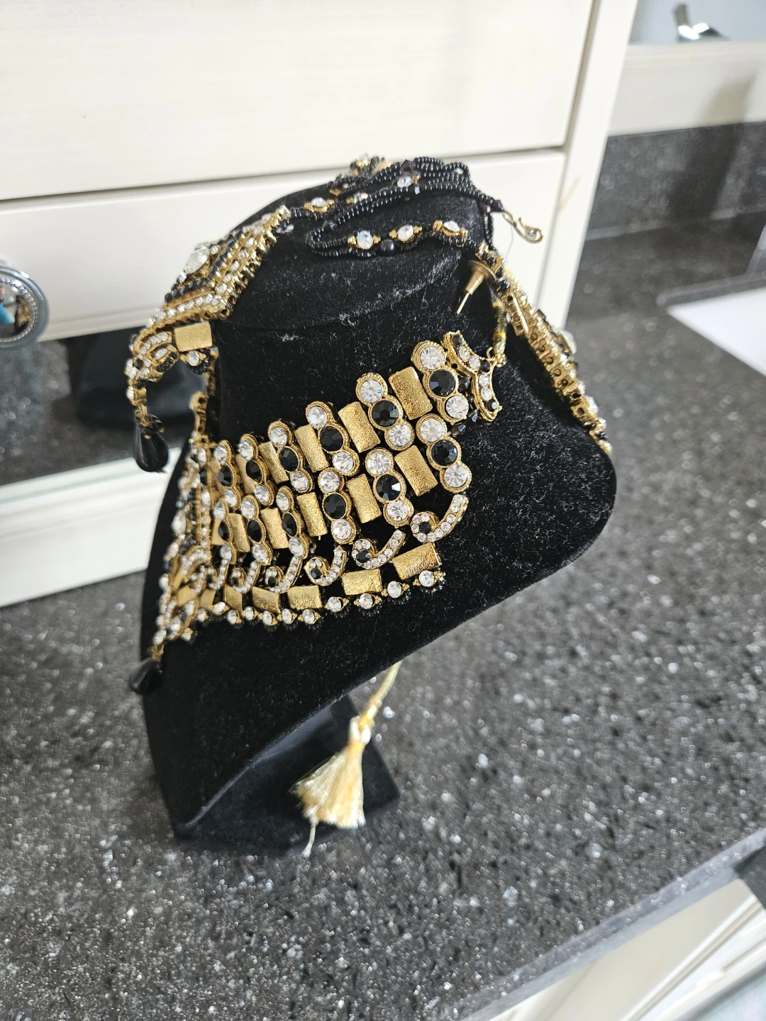 Gold & Black Statement Necklace Set with Earrings
