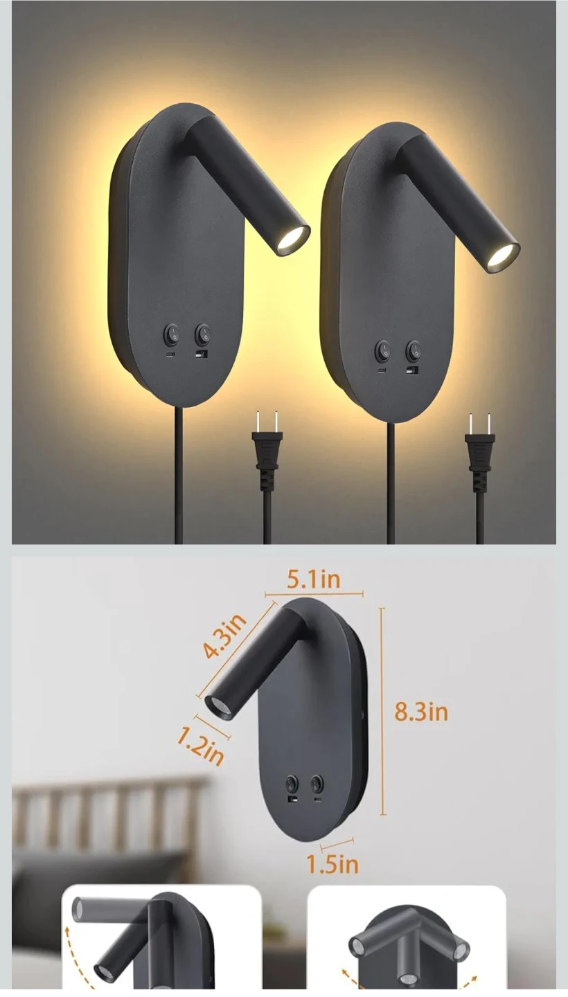 Wall Mounted Reading Lamp with USB Ports - photo 4