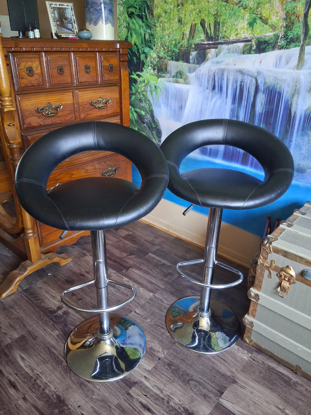 Pair of Black Faux Leather Bar Stools