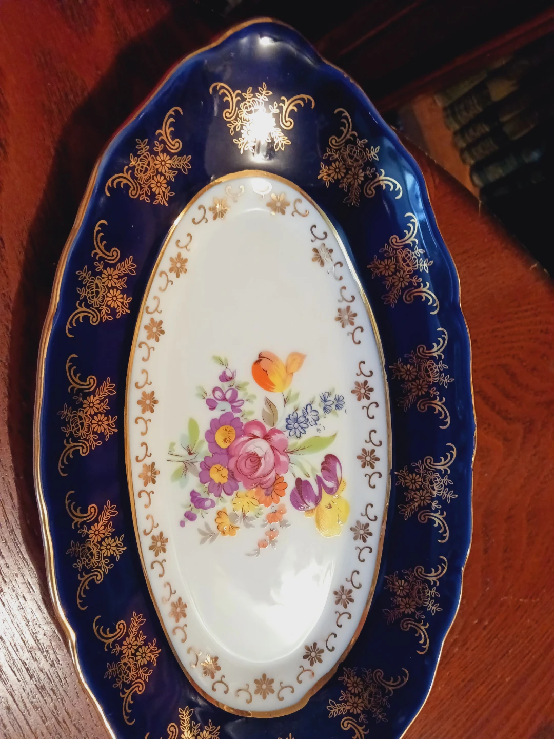 Gorgeous Czechoslovakian Cobalt Porcelain Floral Serving Dish - photo 2